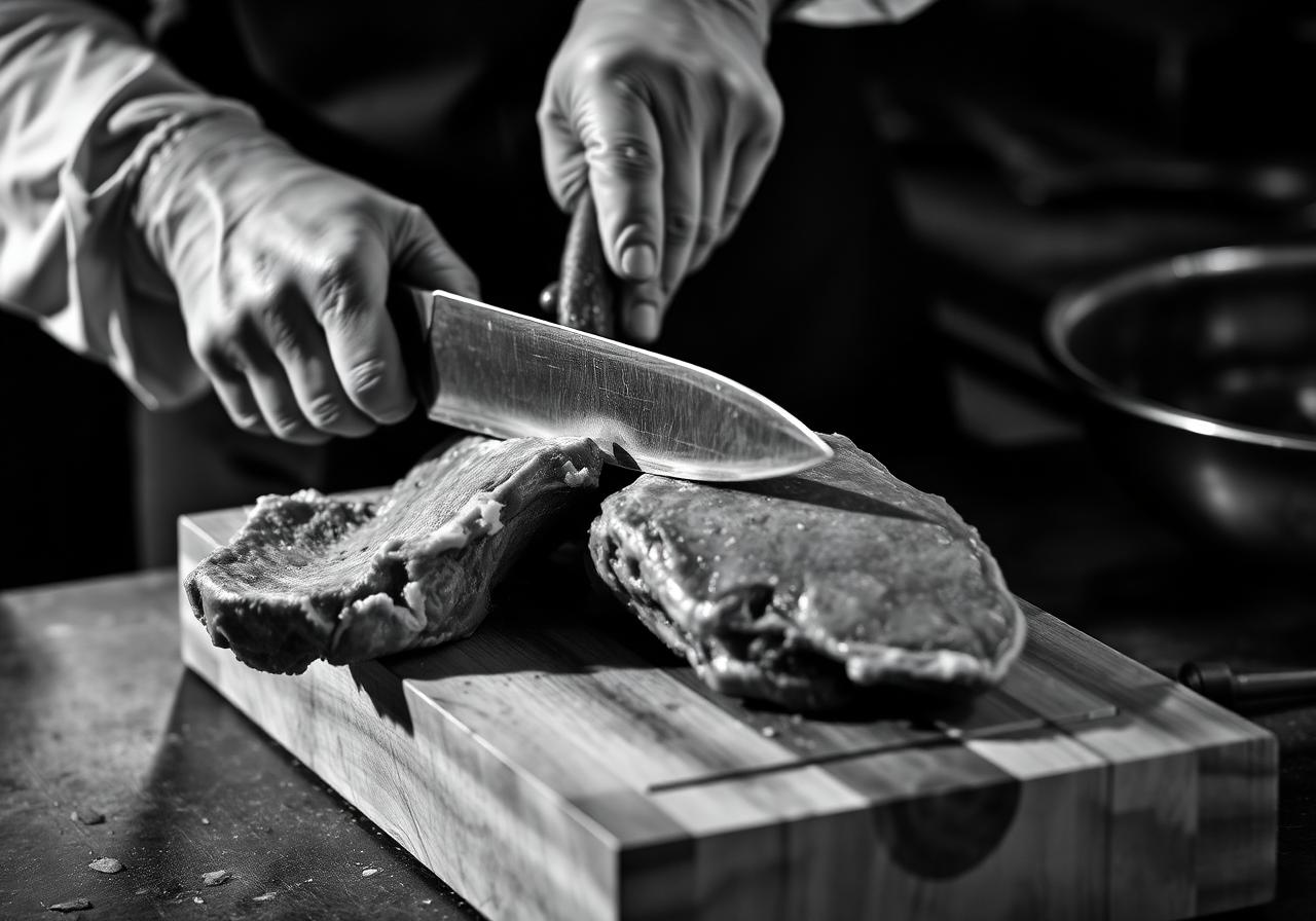 Butcher hand-cutting meat